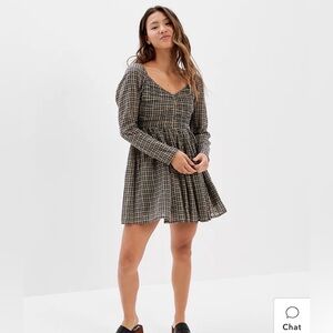 AE Plaid Ruched Long-Sleeve Mini Dress